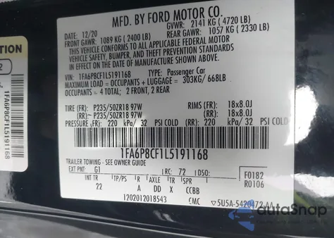 2020 Ford Mustang Gt Fastback z USA, uszkodzony, nr VIN 1FA6P8CF1L5191168